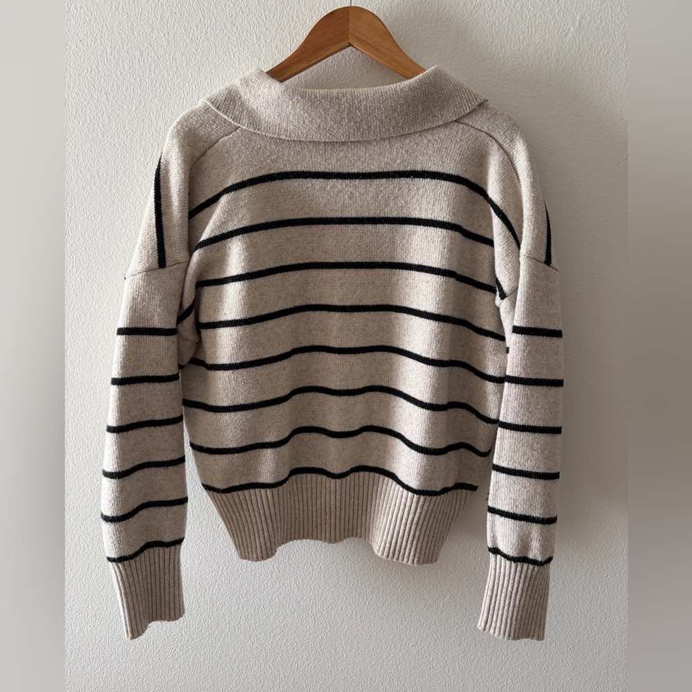 Striped V-Neck Sweater - Black and Cream - Picture 2 of 3